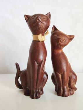 Mid Century Wood Teak Siamese Cat Figures Pair